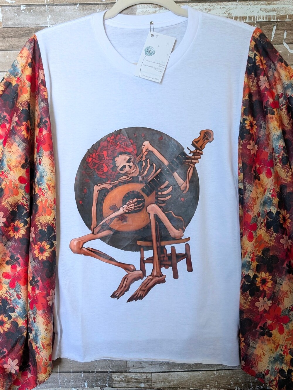 Jerry Garcia Graphic W Boho Floral Bat Winged Sleeves Top - Picture 3 of 15